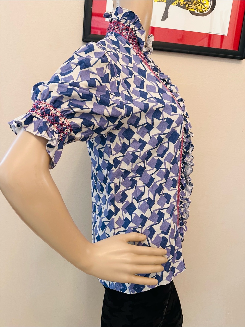 Blue Geometric Ruffle Collar Blouse - Picture 3 of 14